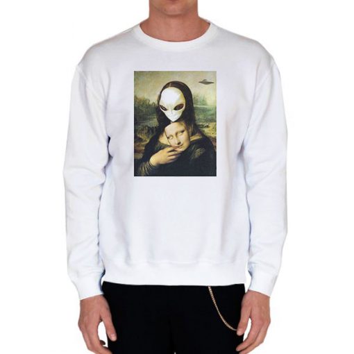 White Sweatshirt Mona Lisa Alien UFO Mask Fun Shirt